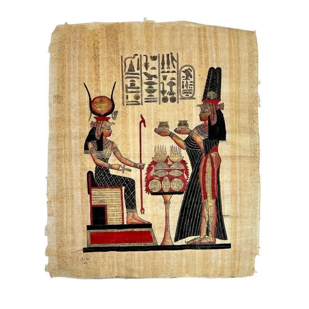 Vintage Egyptian Papyrus Painting Goddess Hathor Offering Scene Handmade Art